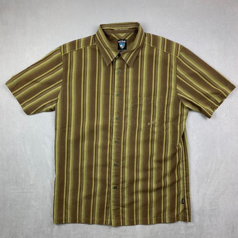 Kuhl Men Shirt Medium Brown Yellow Vertical Striped Button Up Seersucker Outdoor
